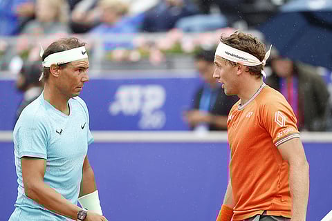 Rafael Nadal and Casper Ruud during round of 16 double match at Nordea Open ATP